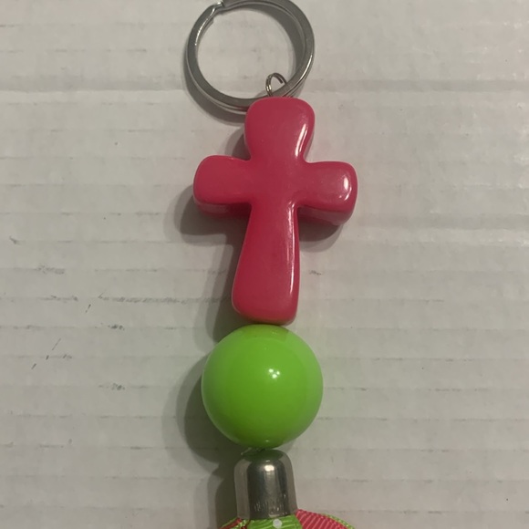 Hot Pink Cross & Green Polka Dot Ribbon Keychain - Picture 2 of 3